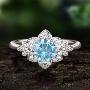 Vintage Style Floral ring - Aquamarine Blue, Art Deco Flower Ring Collection